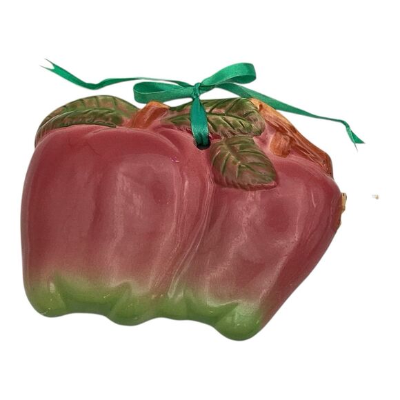 Apple Pair Wall Plaques Green Ribbon Hangers Vintage Ceramic  7in - Picture 3 of 7